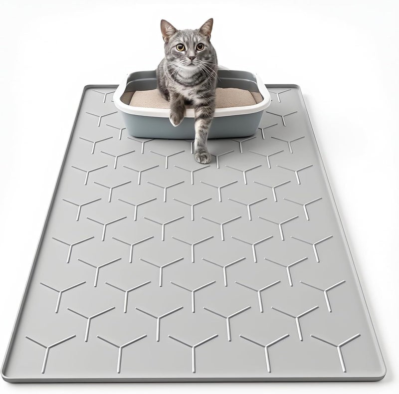 Garoopion Cat Mat for Litter Box, Large 34" X 22" Cat Litter Mat, Waterproof Silicone Pad for Floor, Gray - Image 1
